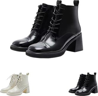 Generic Womens Ankle Boots Lace Up Short Boots with Side Zipper, Chunky Mid Heel Casual Black Glossy Booties Ladies Round Toe Comfortable Anti-Slip Booties