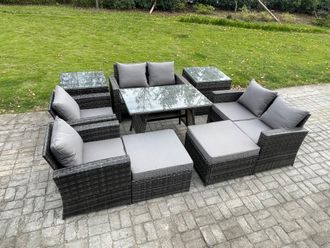 Fimous Garden Furniture Sets 9 Pieces Wicker Rattan Furniture Manual Wicker Patio Sofa Patio Conversation Set with 2 Big Footstool