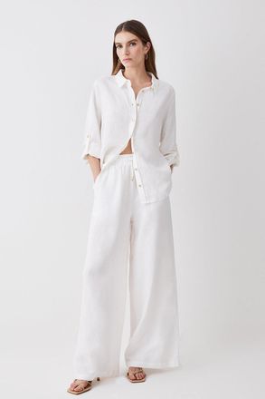 Karen Millen Womens Linen Wide Leg Woven Trouser - White Cotton - Size 12 UK
