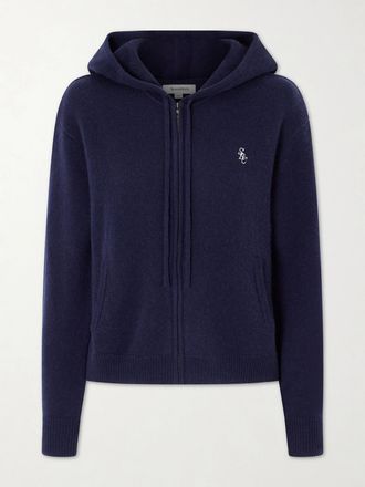 Sporty & Rich Cardigan In Misto Cashmere E Lana Con Logo Ricamato - Blu