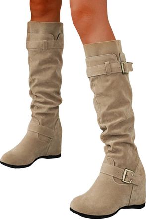 Generic Ladies Calf Length Boots, Knee High Boots Women Stretchy Boot Heels Wide Calf Sexy Shoe Leather Comfortable Shoes Suede Winter Flexible Beige 5.5