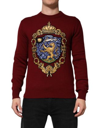 Dolce & Gabbana Mens Embroidered Lion Crest Cashmere Sweater Burgundy