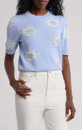 Nanette Lepore Floral Rhinestone Sweater In Blue/white