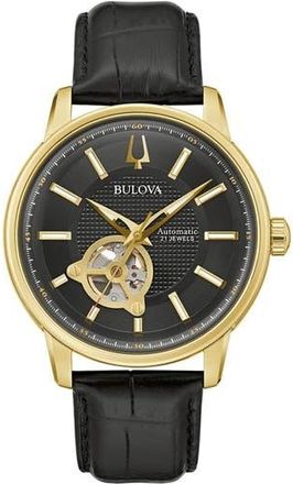 Bulova Classic Croc Embossed Leather Strap Watch, 45mm in Black at Nordstrom Rack
