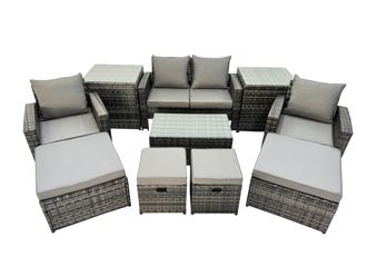 Fimous 8 Seater Wicker PE Rattan Furniture Outdoor 4 Stools 2 Side Tables Set in Dark Grey