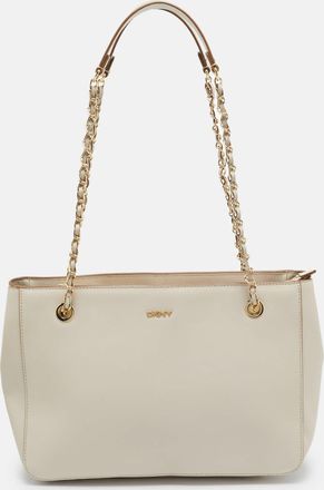 DKNY Dkny Ivory Leather Top Zip Chain Tote