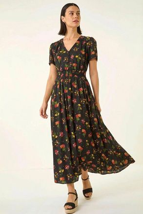 Roman Floral Print Buttoned Midi Dress