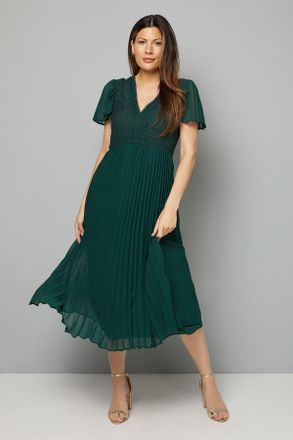 Wallis Womens Lace Pleated Skirt Midi Dress - Dark Green - Size 14 UK