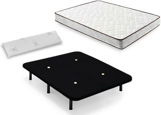 HOGAR 24 Cama Completa - Colch&oacute;n Flexitex Con Tejido 3d Y Aloe Vera, Altura 18 Cm + Base Tapizada Negra Con Patas De 25 Cm + Almohada Viscoel&aacute;stica, 150x190 Cm