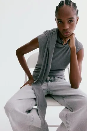 H&M Top With Scarf Collar in Dark Gray Melange at Nordstrom, Size X-Small
