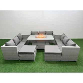 Fimous Pe Rattan Lounge Sofa Set Outdoor Garden Furniture Set with Firepit Dining Table 3 Seater Sofa Light Grey - Fimous