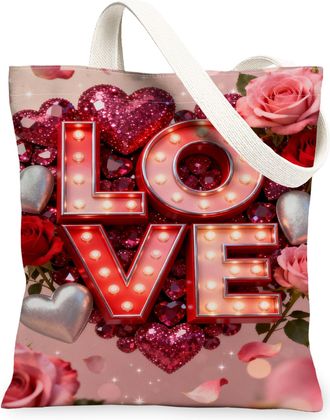 Generic ValentineS Day Floral Canvas Tote Bags, Love Heart Pattern Reusable Bags, Vintage Lightweight Washable Shoulder Strap Canv, Peach, 13x15 Inch