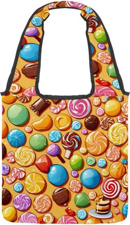 Generic Yellow Candy Pattern Reversible Canvas Shoulder Tote - Double-Sided Print, 12oz Cotton, 27cm Drop, Fold-Flat Bag for Travel, Shopping, Street Outings
