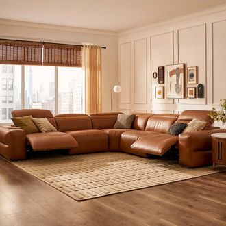 Castlery Modular Leather L-Shaped Sectional Wide Arm Sofa with Feather Filled Seats - Brown | Jaron by Castlery