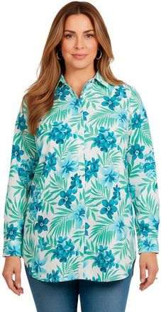 Roaman's Plus Size Kate Long Sleeve Easy Cotton Blend Button Front Shirt in Turquoise Tropical Floral at Nordstrom, Size 40