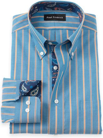 Paul Fredrick Slim Fit Non-iron Cotton Stripe Dress Shirt With Contrast Trim