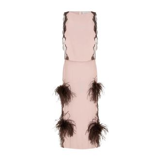 16Arlington Romina Midi Jurk Met Veren - Dames - Feestkleedjes - Roze - M - Satijn - Kleedjes