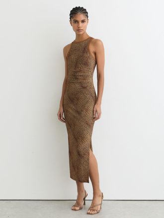 Reiss Brown Snake-print Jersey Racer Midi Dress, XS