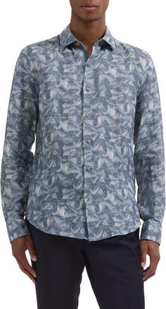 Bugatchi Julian Shaped Fit Abstract Leaf Print Linen Button-Up Shirt in Ether at Nordstrom, Size Xxx-Large