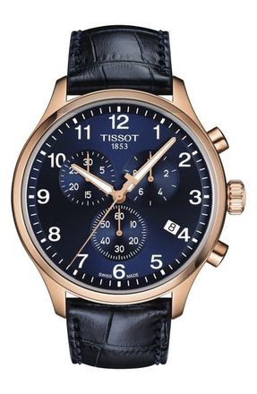 Tissot Chrono XL Collection Chronograph Leather Strap Watch, 45mm in Blue at Nordstrom