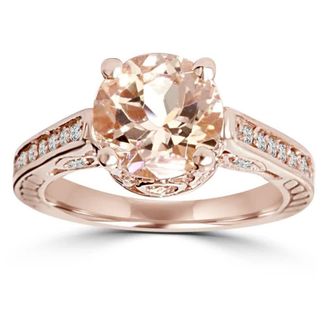 Pompeii3 2 Carat Morganite & Diamond Vintage Engagement Ring 14K Rose Gold Size Selectable