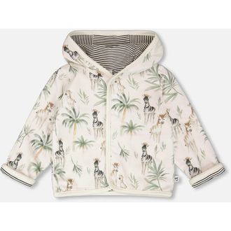 Deux par Deux Organic Cotton Jersey Reversible Hooded Zebra Print Jacket in Beige Zebra Print at Nordstrom, Size 9M