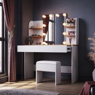Elegant Lighting Dressing Table with led Lights, Vanity Desk with Mirror Drawer Adjustable Light Strip White/Oak 108x40x140cm with Stool - Elegant