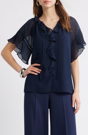 Kobi Halperin Ruffle Flutter Sleeve Chiffon Top in Navy at Nordstrom, Size Medium