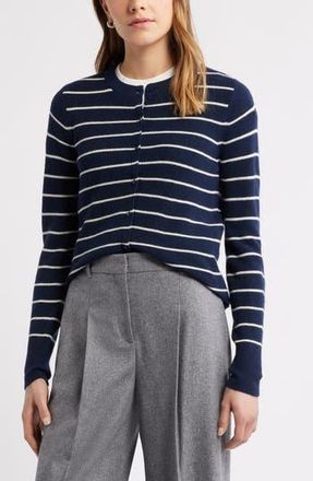 Caslon Crewneck Merino Wool Blend Cardigan in Navy- Ivory Lucille Stripe at Nordstrom Rack, Size Medium