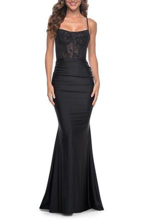 La Femme Ruched Jersey Dress with Illusion Corset Lace Top in Black at Nordstrom, Size 8
