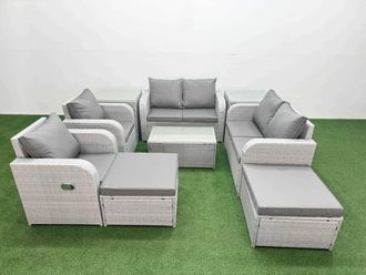 Fimous 8 Seater Outdoor Reclining Chair Love Sofa Set Rattan Garden Furniture Set w/ Rectangular Coffee Table 2 Big FootStools 2 Side Table Light Grey