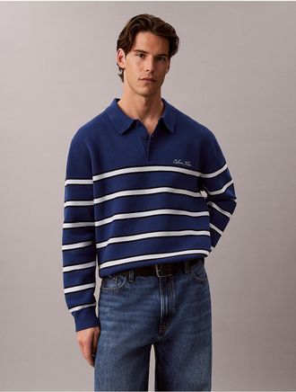 Calvin Klein Jeans Calvin Klein Mens Cotton Stretch Stripe Polo Sweater - Blue - XL