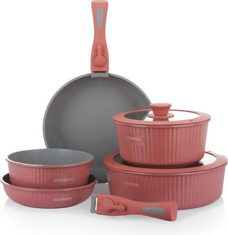 KASANOVA Batteria pentola 9 pezzi rosa Eaziclip con manici staccabili