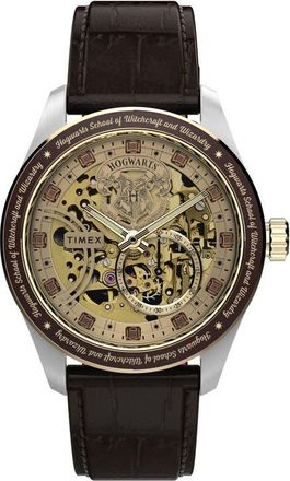 Timex Harry Potter x Timex Waterbury Skeleton Automatic 39mm Leather Strap Watch in Silver/Gold Tone at Nordstrom
