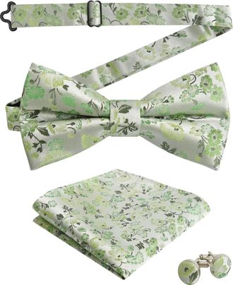 Alizeal Mens Floral Pattern Pre-tied Bow Tie, Pocket Square and Cufflinks Set, Light Green