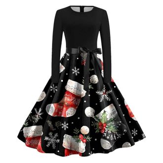 Generic Christmas Dress Women UK Xmas Vintage Print Long Sleeve O Neck Evening Party Dress Winter Elegant Swing Cocktail Dresses Outfits Fancy for Women (S)