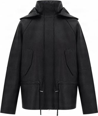P.A.R.O.S.H. Black Lamb Leather Jacket With Adjustable Hood And Zip Closure
