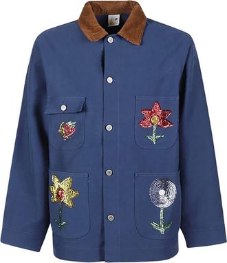 Sky High Farm Light Jackets, male, Blue, Size: M Sequin Embroidered Denim Chore Coat