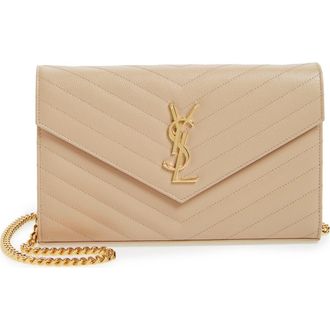 Saint Laurent Cassandre Matelass&eacute; Leather Wallet on a Chain in 2721 Dark Beige at Nordstrom