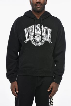 Versace Felpa Hoodie in Cotone Garzato con Stampa Iconica Versace