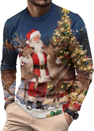Generic Mens Christmas Long Sleeve T-Shirts Funny Xmas Holiday Printed Tops Vacation Christmas Shirt Crewneck Tees (UK, Alpha, M, Regular, Regular, 25)