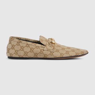 Gucci Womens Loafer With Horsebit, Beige, GG Canvas