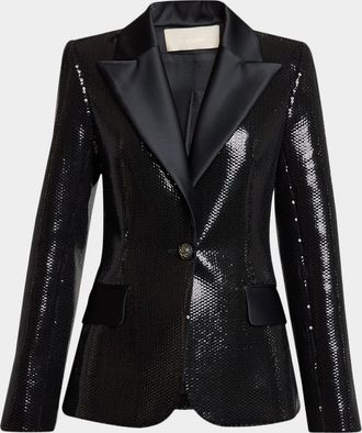 Elie Saab Sequined Satin Single-Breasted Blazer Jacket