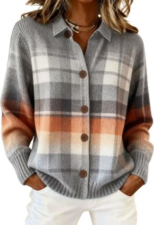Generic Womens Plaid Print Casual Cotton Buttoned Cardigan Sweater, Plaid Knitted Cropped Cardigan Sweater Fall Winter Cardigans for Women