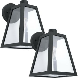 Loops 2 PACK IP44 Outdoor Wall Light Black Trapeze Lantern 1x 60W E27 Porch Lamp