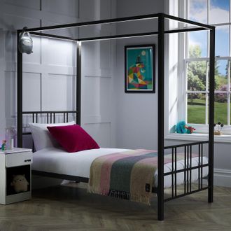 X Rocker Fern Four Poster Bed, Metal Bed Frame with LED Lighting in Black | Size: Single
