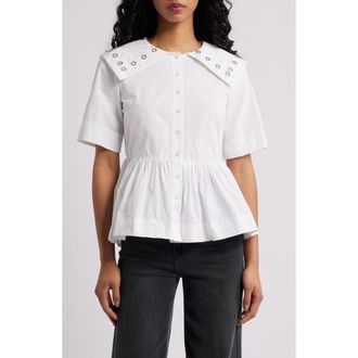 Damson Madder Cyrus Grommet Collar Button-Up Peplum Top in White at Nordstrom, Size 14 Us