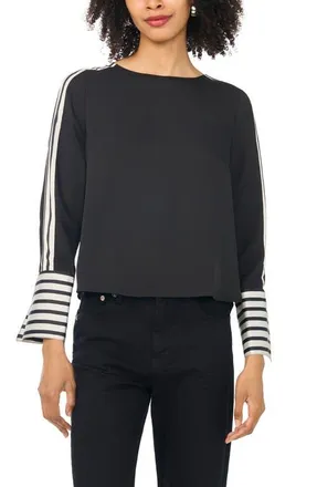 Vince Camuto Stripe Accent Boat Neck Top in Jet Black at Nordstrom, Size X-Large