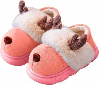 Generic Girls Slippers Winter Warm Fleece Lined Reindeer Slippers Cozy Home Footwear Non Slip Sole Soft Plush Back Cover for Age 2 To 13 Years