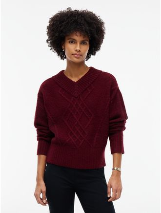 Tommy Hilfiger Womens Cable Knit Shimmer V-Neck Sweater - Burgundy - XS